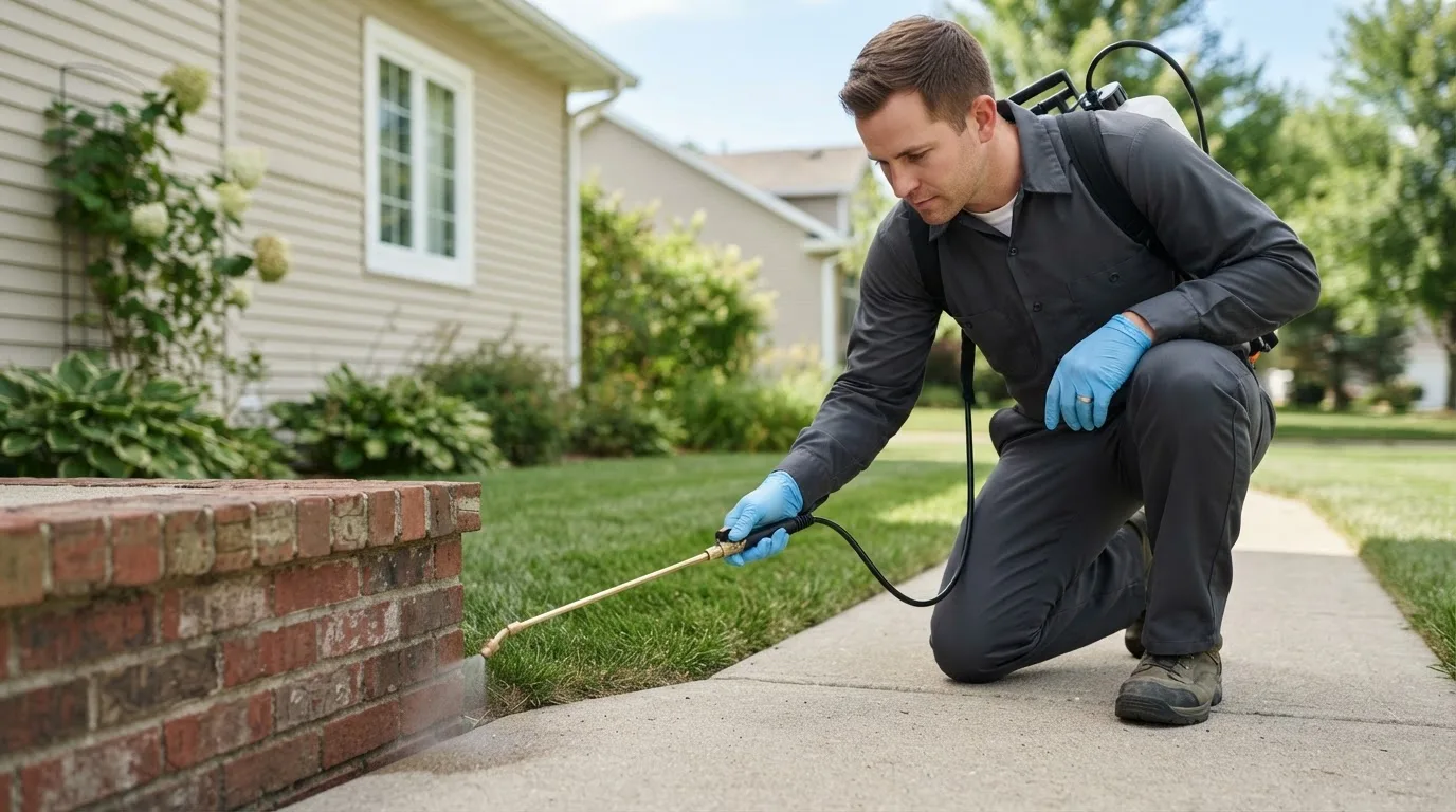 Pest control technician treating a home near Huntingdon, PA